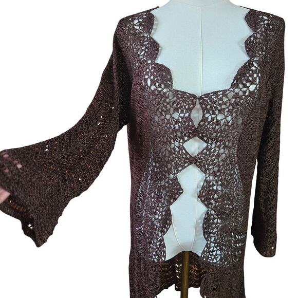 Bette Sung Womens VTG 90s Y2K Brown Crochet Knit Long Cardigan XL Festival Boho - Picture 3 of 12